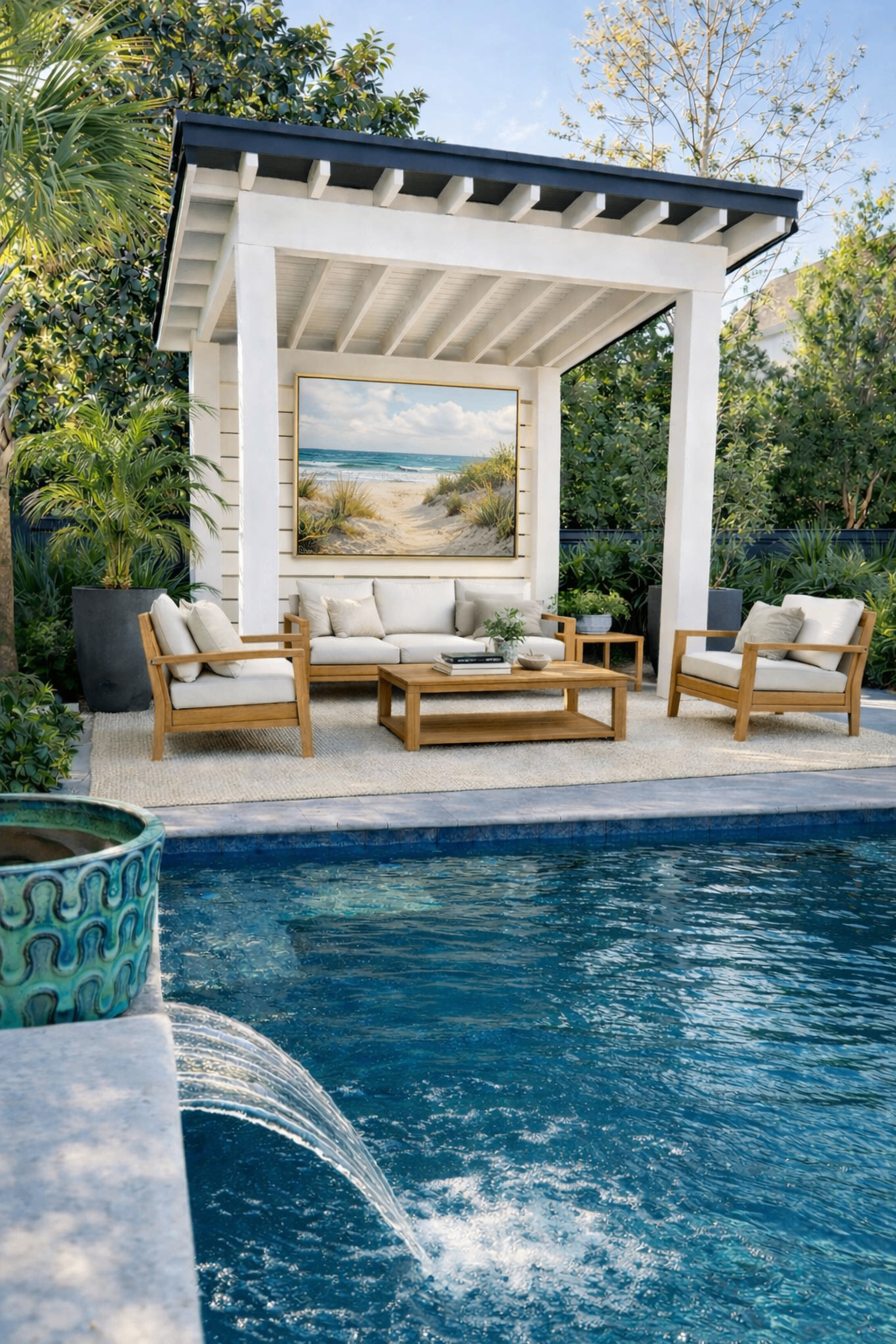 Poolside Seating Retreat in Charleston by Holy City Pergolas