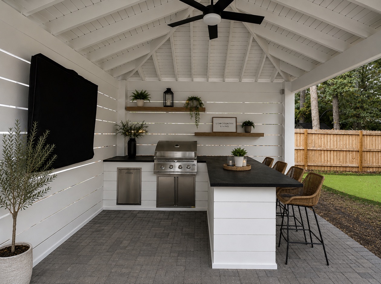 Covered outdoor kitchen built by Holy City Pergolas