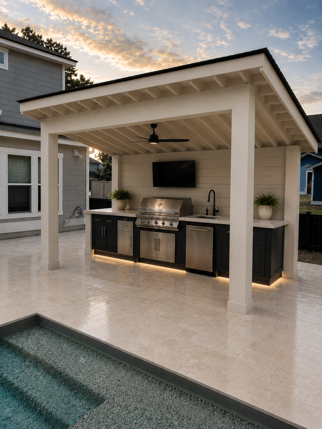 Golden hour on a Mount Pleasant outdoor kitchen build.